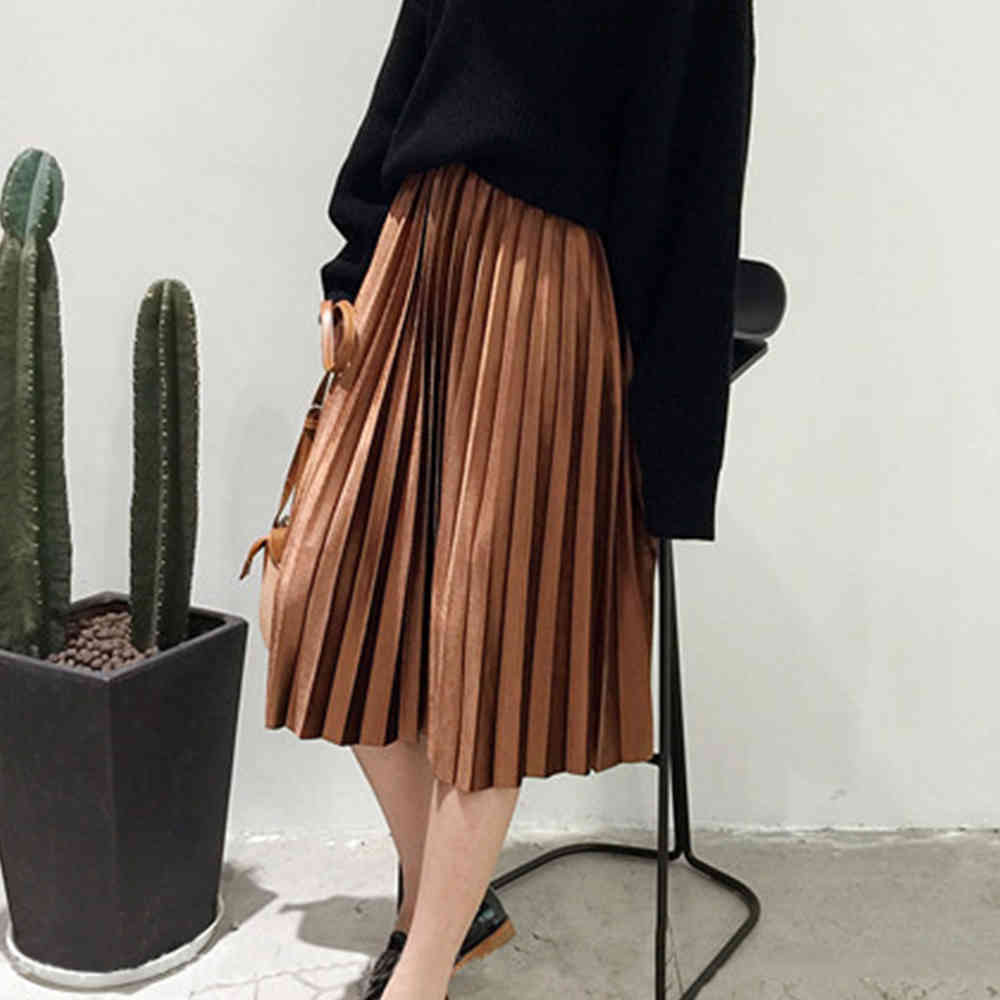 Autumn Women Casual Long Metallic Silver Maxi Pleated Skirt Midi Elastic High Waist Suede Party 210428