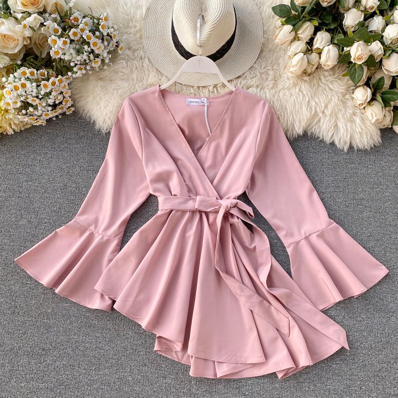 Womens Blouses Shirts 2021 Spring Chic V-neck Flare Sleeve Chiffon Irregular Blouse Womens Elegant Ruffles Shirt Lace-up Waist Tops Cloth