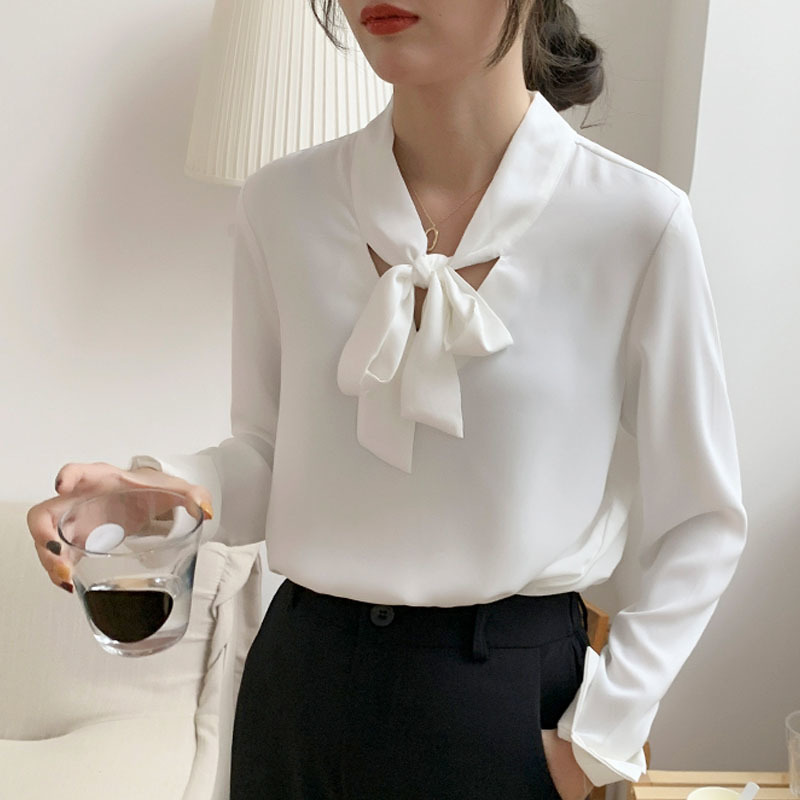 Fashion Women White Blouses Office Lady for Long Sleeve Bow Tops Casual V-neck Elegant Shirts 6073 50 210506
