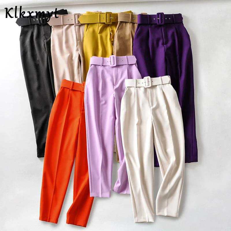 Elegant Office Wear Purple Pant Women with Belt Sashes Pockets High Waist Suit Pants Fashion Female Casual Chic Trousers 210527