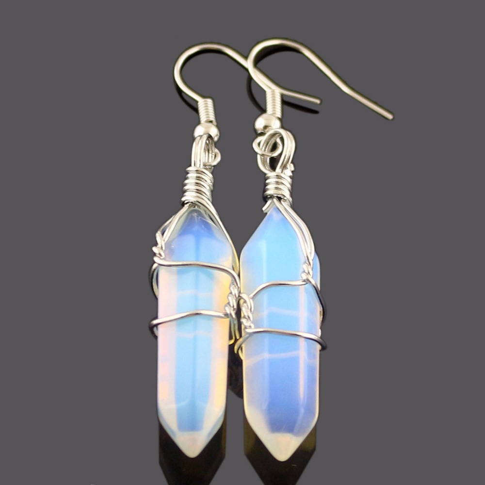Wired Wrap Bullet Earrings Natural Amethysts Opal Turquoises Quartz Dangle Earrings Healing Reiki Stone Pendulum Earrings Women