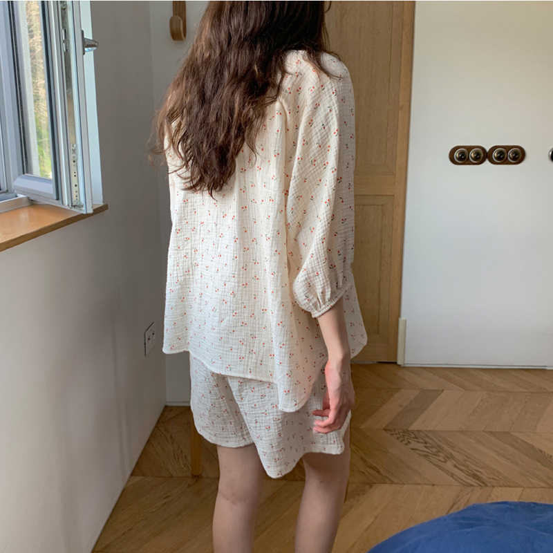 Alien Kitty Comfortable Sleepwear All Match Loose Sweet Homewear Summer Geometric Cherry Printing Chic Women Pajamas Sets 210924