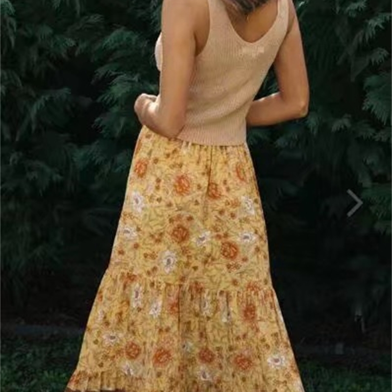 Bohemia Yellow Floral Print Long Skirt Gypsy Women Stitching Pleated Lacing up Stream Waist Maxi length Skirts Boho Holiday 210429
