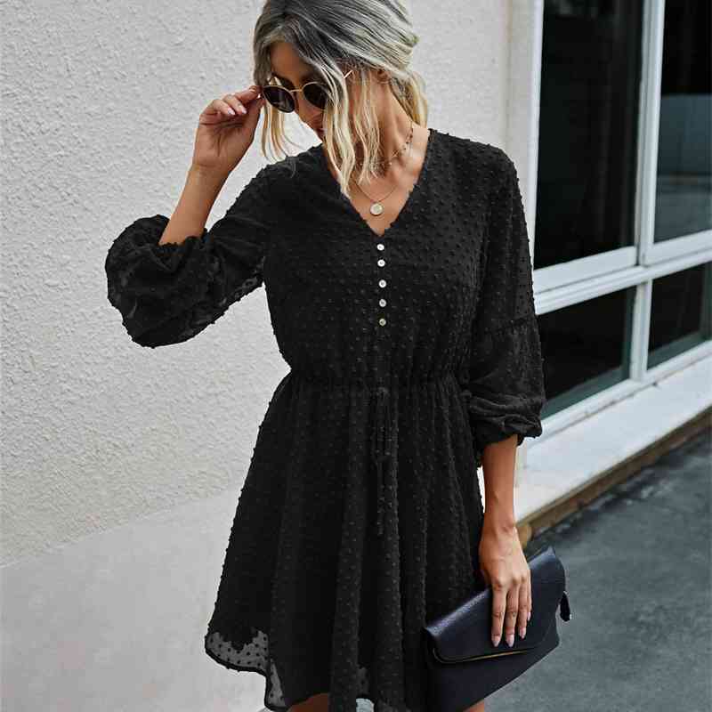 Fashion V-Neck Long Sleeve Solid Color Women's Dress Autumn Lovely Sweet Cute Lantern Princess Fold Mini 210522