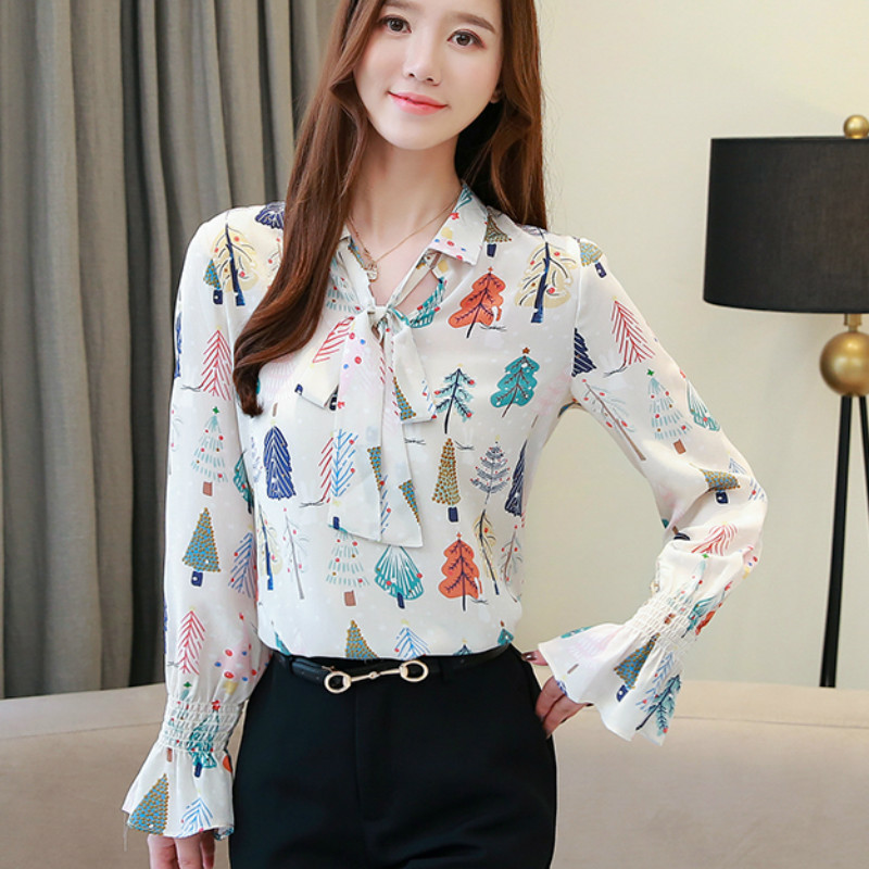 blusas mujer de moda blusa feminina dames blouses lange mouwen Bow Print silk womens tops and fall 7052 50 210427