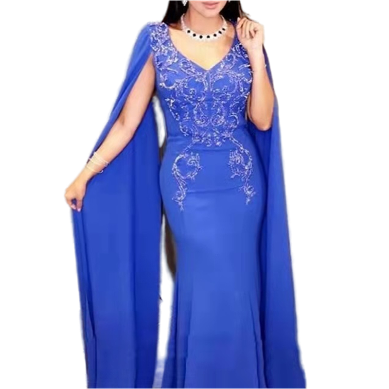 Elegant Royal Blue Mermaid Evening Dresses For Women 2024 Split Long Sleeve Lace Appliques Formal Party Gowns V-Neck Arabic Dubai Mother Special Occas