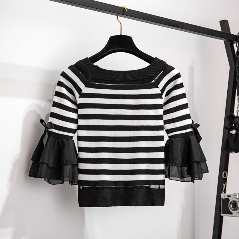 Summer Two Piece Set Woman Stripe knit Flare Sleeve T-Shirt Top + High Waist Denim Short Female Fashion Suit 210519