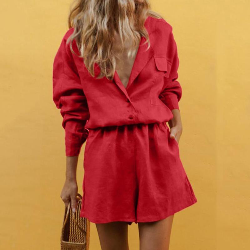 Women Slim Summer Cotton Lapel Button Temperament Suit Female Solid Fashion 2021 Office Lady Buttons White 2 Pieces Set Two Piece Dress