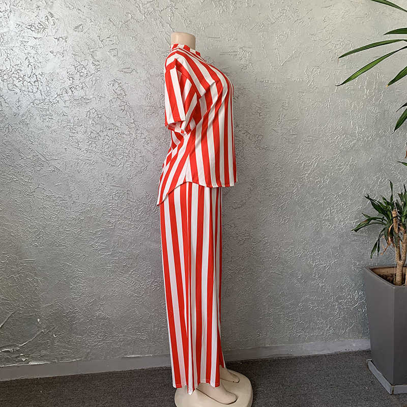 Women's Stripe Printed 2 Piece Sets Tracksuit Women Casual Plus Size Office Lady Tops and Wide Leg Pants Set For Women 211007