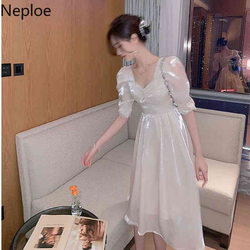 Neploe Korean White Dress for Women Puff Sleeve Vintage Woman Vestidos Squared Collar Party Dresses High Waist Ladies Long Robe 210422