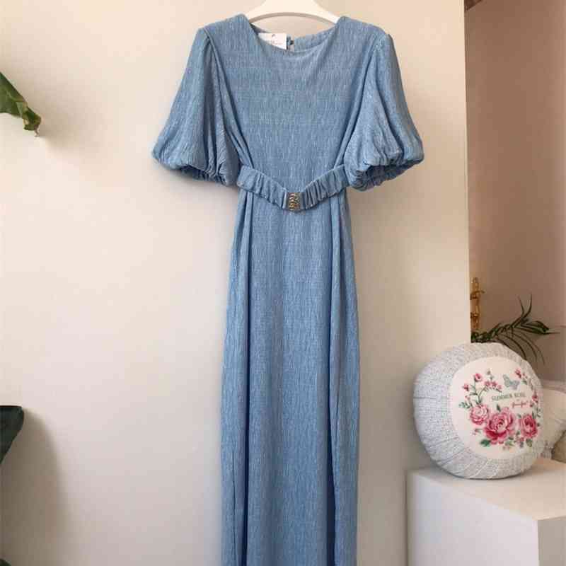 Summer Women Dress Korean Style Slim Waist Office Lady Elegant Midi Vestidos Free Belt 210520