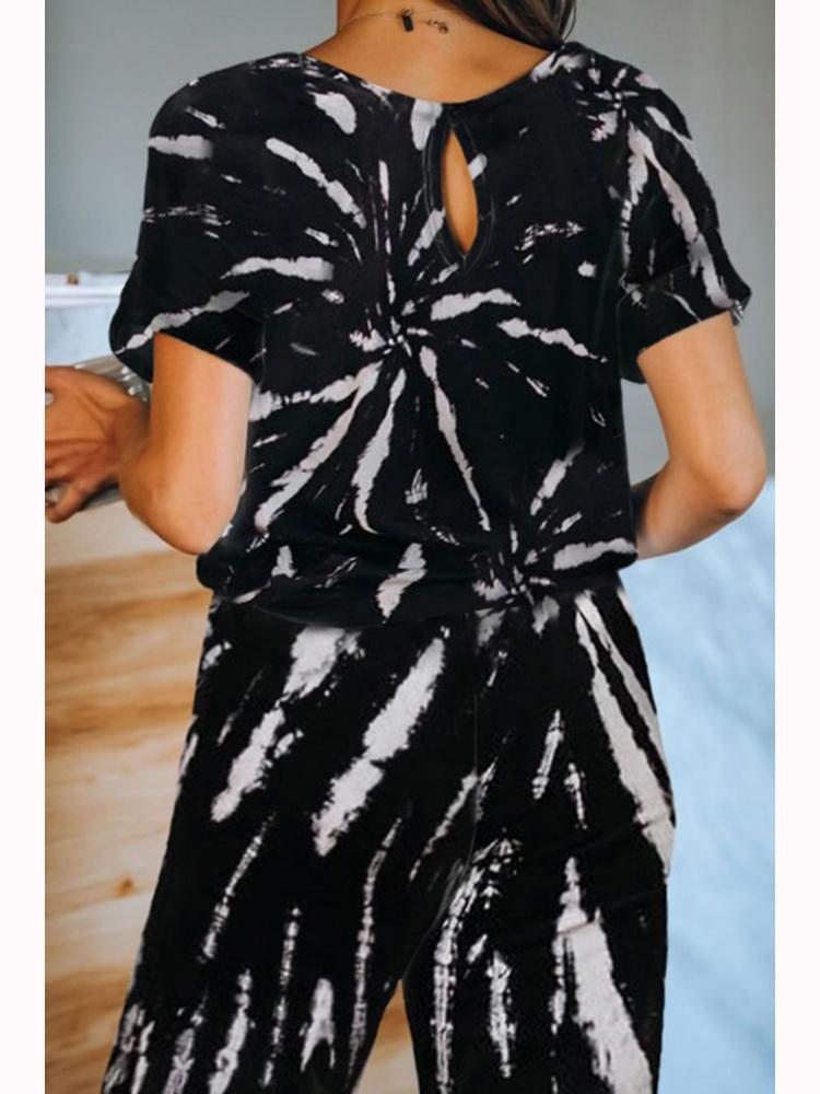 Love Aing 2021 Summer Women's Tie-dye Printing Pajamas Casual Short-sleeved Drawstring Nine-point Pants Suit Home Service Two Piece Dress