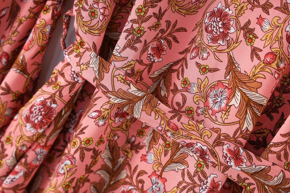 Autumn BOHO Location Floral Print Long Kimono Shirt Pink Hippie Women Tie Bow Sashes Cardigan Loose Blouse Tops Holiday 210429