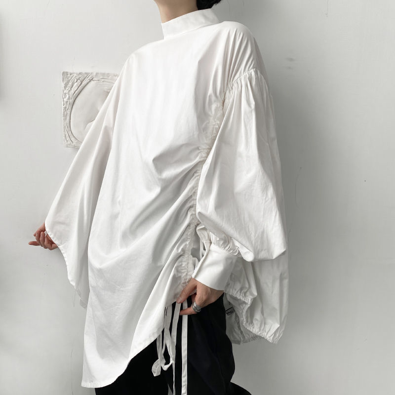 IEFB /men's wear asymmetric batwing long sleeve white long shirt male Spring irregular loose shirts drawstring 9Y3376 210524