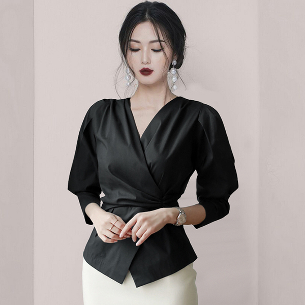 Spring Women White Blouse Shirt Elegant V-Neck Puff Sleeve Office Lady OL Slim Cotton Chic Tops 210519