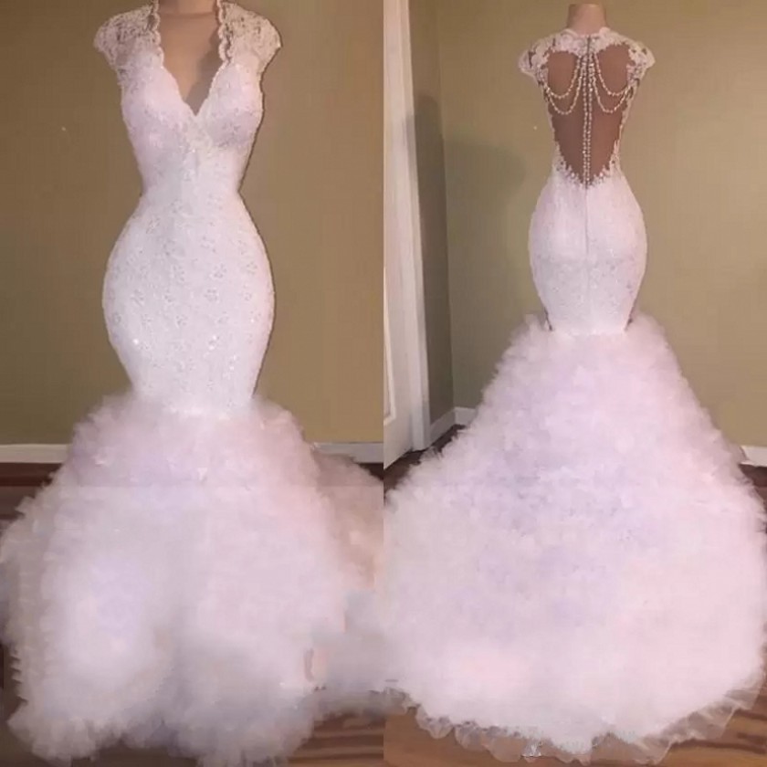 Wedding Bride Dress Mermaid Long Lace Appliques Beaded Crystal Illusion Back Sweep Train Tulle Puffy Tiered Bridal Gown 2022 Vestido de Noiva Robe De 