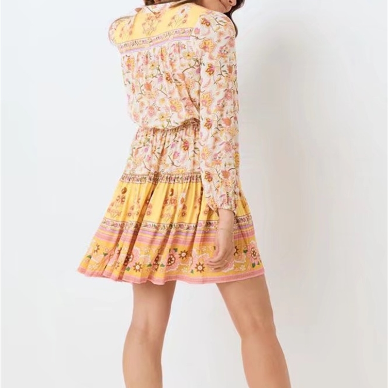 Bohemia Women Yellow Floral Print Long sleeve Dress BOHO Holiday V neck Tassel Bandage Elastic Waist Mini Short Dresses 210429