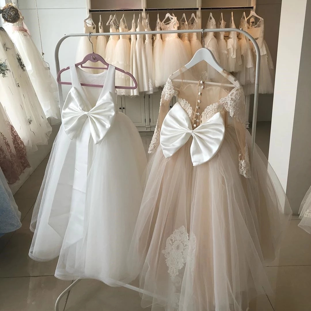 2022 New Spring Summer Lace Tulle Girl's Dresses Bows Back Appliques Children's First Communion Dress