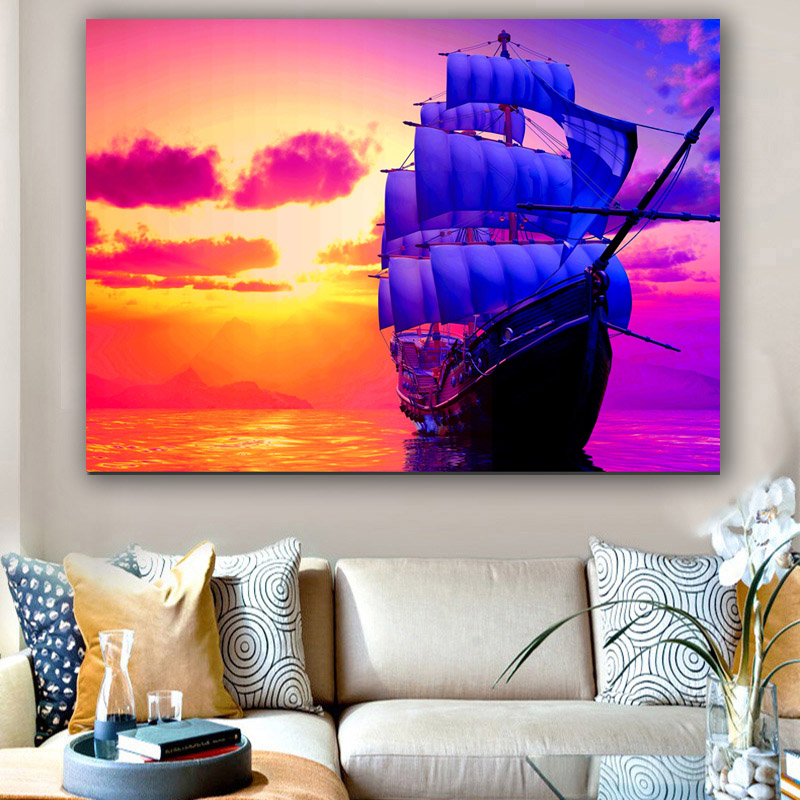 Modern Wall Art Canvas Painting Sunrise Colorful Sky Clouds Boat Pictures Seascape Poster For Living Room Home Decor No Frame