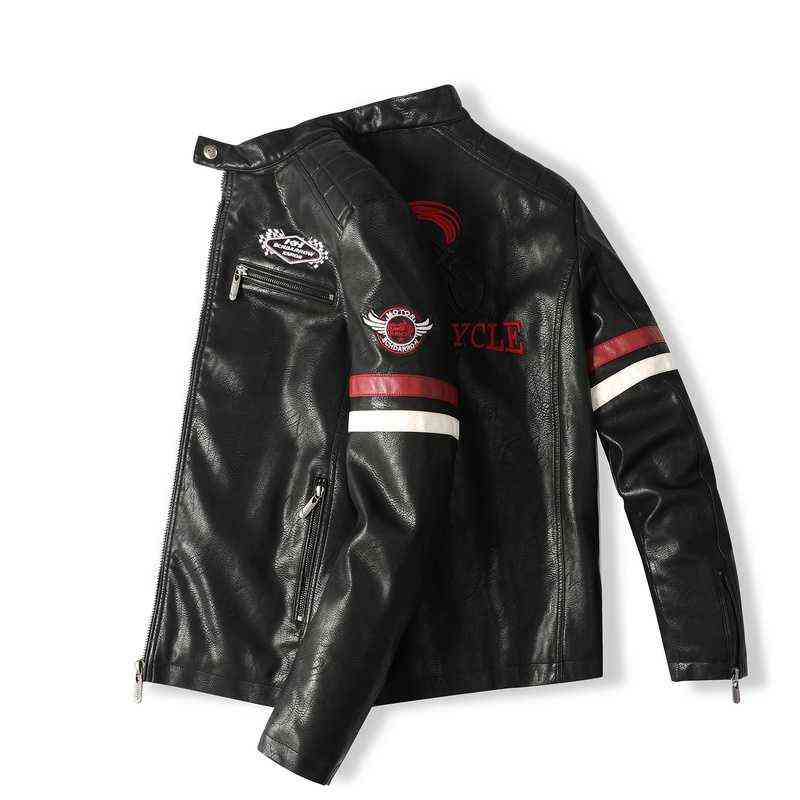 Vintage Motorcycle Jacket Men Fashion Biker Leather Jacket Male Embroidery Bomber Coat Winter Fleece Pu Overcoat Oversize 211111
