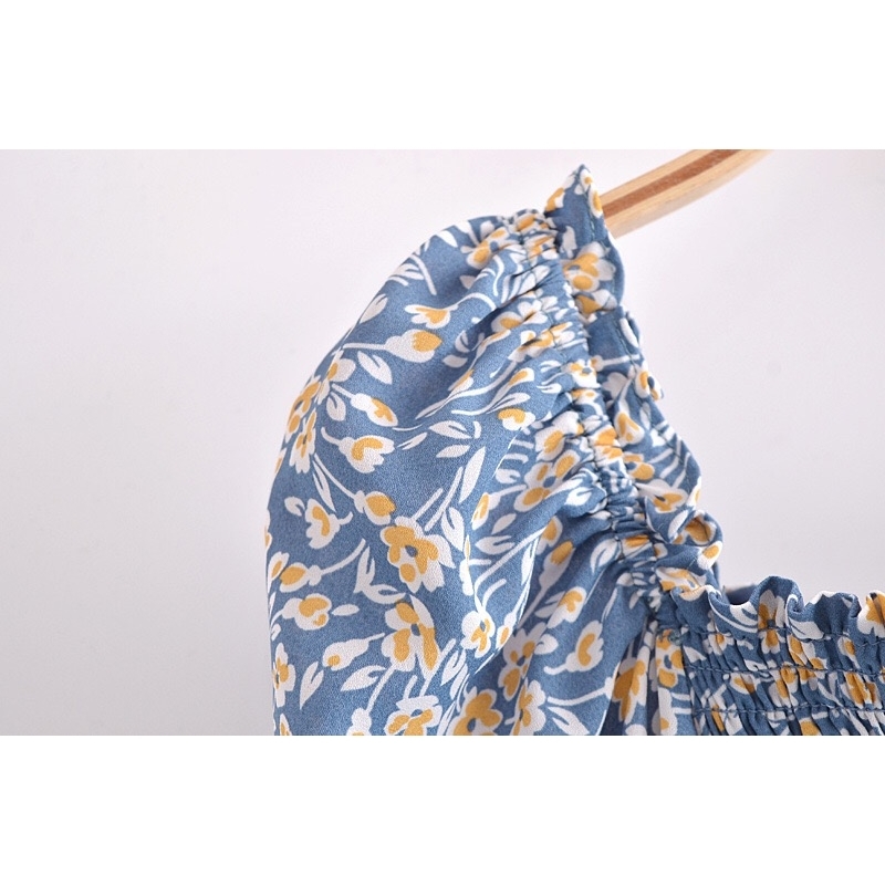 Vintage Blue Floral Print Crop Shirt Women Sexy Square Neck Elastic Ruched Body Slim Fit Blouse French Summer Elegant Tops 210429
