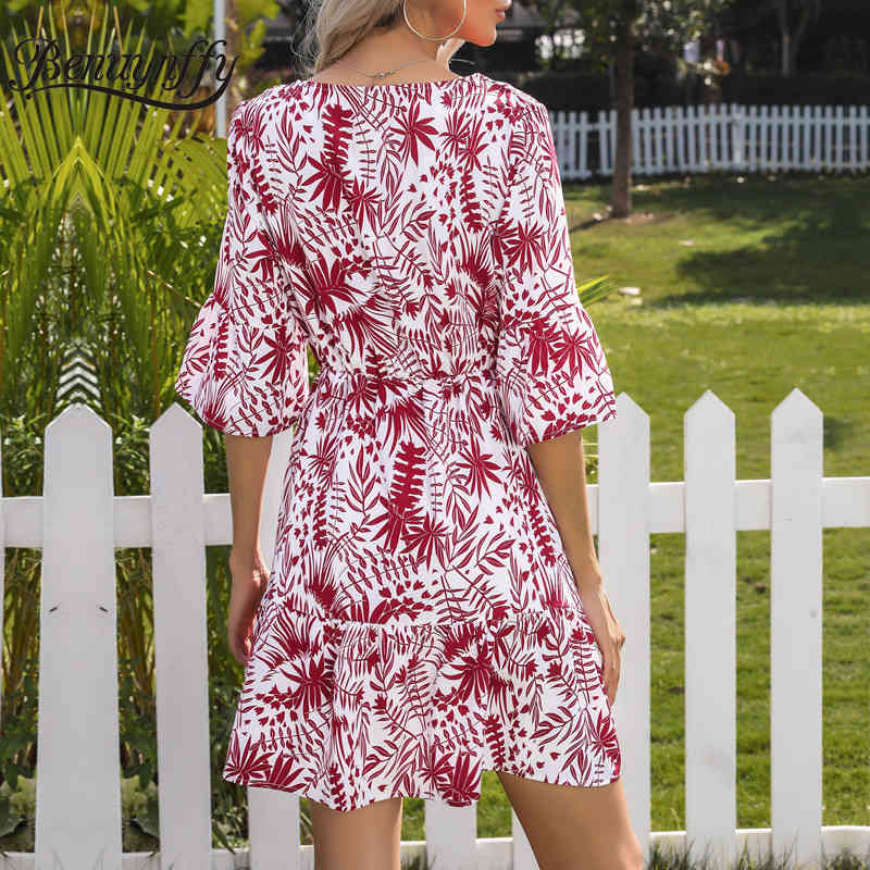 V-neck Button Detail Flare Sleeve Printed Dresses Summer Women Holiday Boho Casual Tie Waist Ruffle Mini Dress 210510