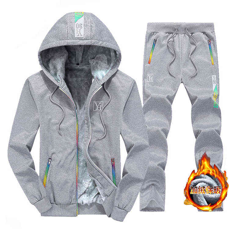 Winter Tracksuit Inner Fleece Hoodies Men Casual Hooded Sweatshirts Thicken Warm Set Mens 2PC Jacket+Pant Moleton Masculino 211220