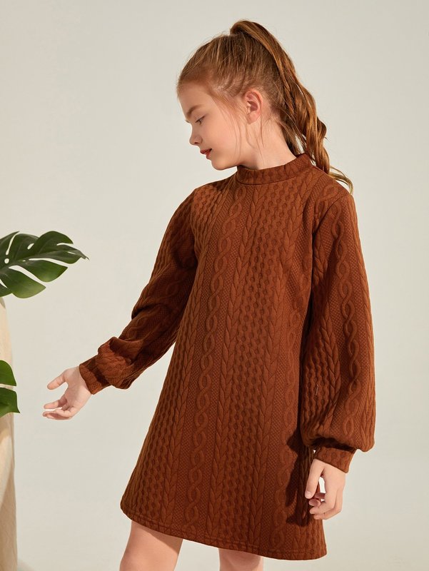 Girls Cable Knit Mock Neck Lantern Sleeve Dress Without Belt SHE