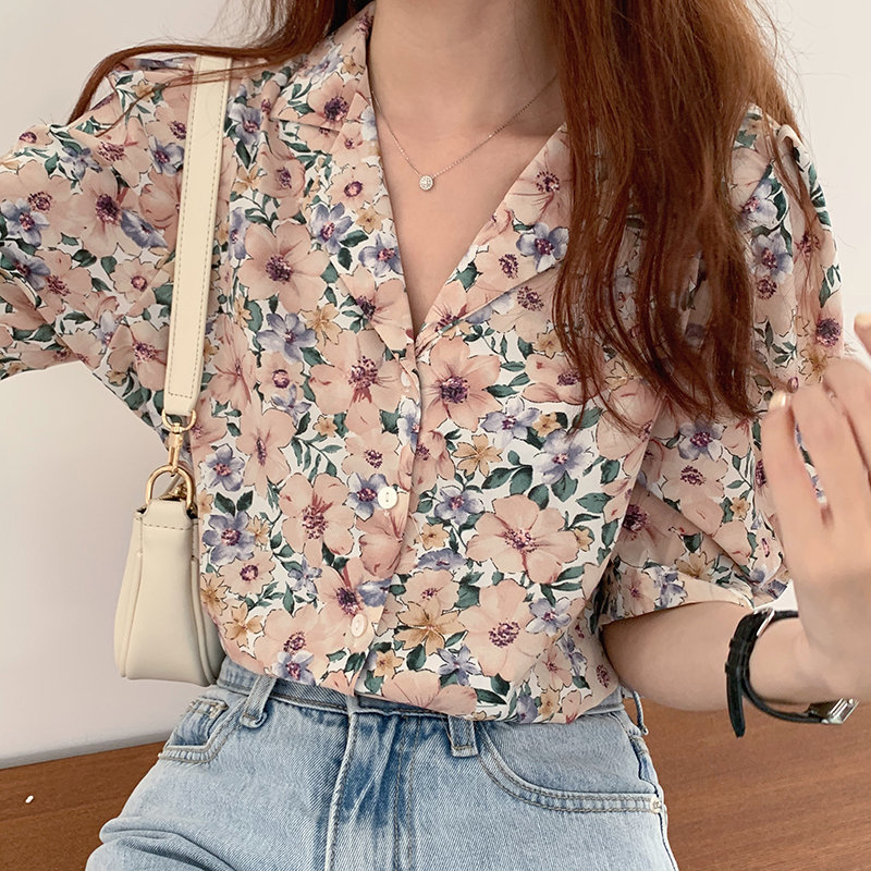 Office Lady Streetwear Florals Sweet Fashion Thin Shirt Puff Sleeves All Match Loose Women Tops Blouses 210421