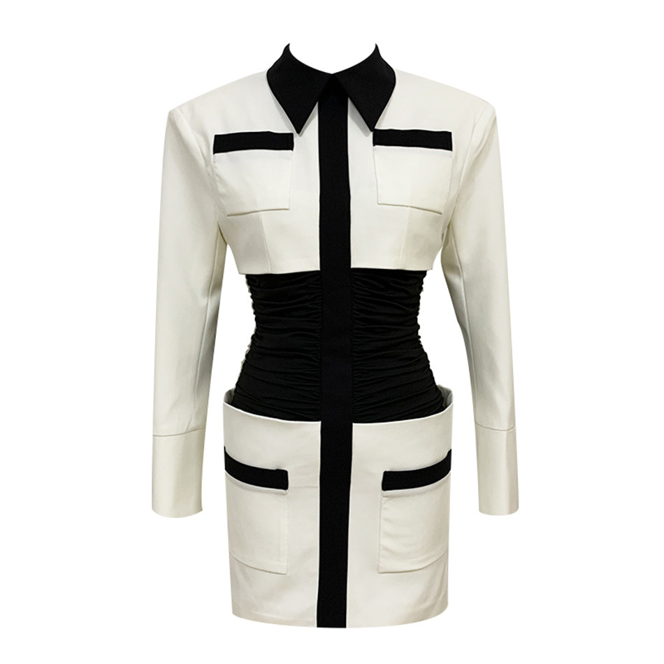 Ladies Vestidos Lapel Fashion Long-Sleeved Pleated Slim Waist Mini Stitching Tight Sexy Party Dress 210525