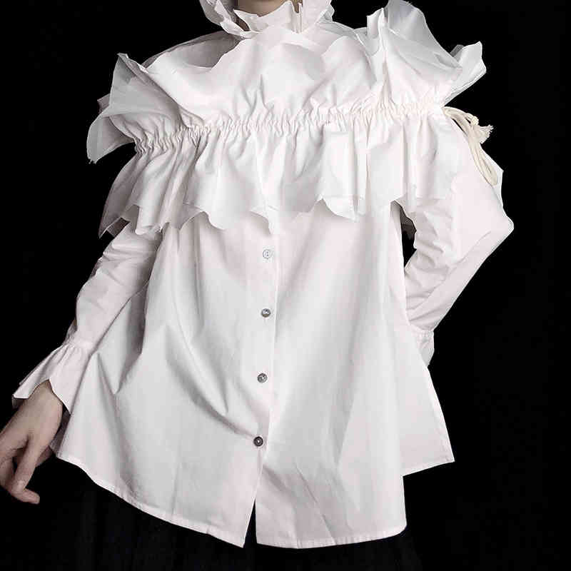 Patchwork Ruched White Shirt For Women Stand Long Sleeve Casual Elegant Blouse Female Fashion Clothes Summer 210524