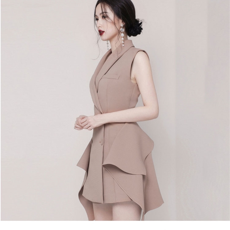 Korean Fashion Double Breasted Women Dress Summer Office Ladies Sleeveless Ruffles Formal Notched Bodycon 210519