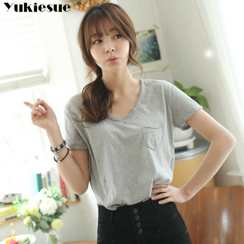 Plus Size xxl summer T Shirt Women 100% Cotton V Neck Short Sleeve T-Shirt Tops Casual Tshirt female tee shirt femme tops 210608