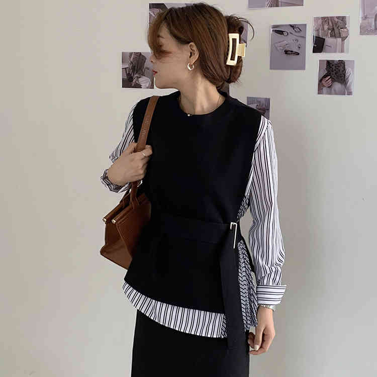 Nomikuma Korea Women 2piece Blouse Sets Striped Long Sleeve Blouses Shirt + Lace Up Slim Waist O-neck Knitted Vest Suits 6C890 210427