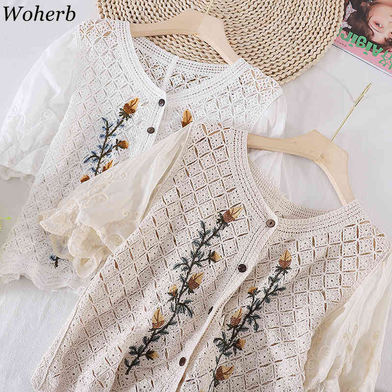 Sweet Flower Embroidery Cardigan Blouse Women Short Sleeve Single Breasted Ladies Hollow Out Vintage Coat Shirt 210519