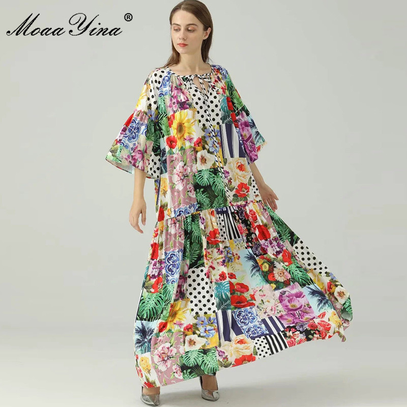 Bohemia Summer Women's Vacation Maxi Dress Loose Matching Flower Print 3/4 sleeve Fashion Long Party 210524