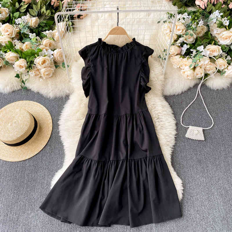 Nomikuma Spring Summer Korean Ruffle Sleeveless Women Doll Dress Causal Solid A-line Dresses New Vestidos De Mujer 6G047 210427