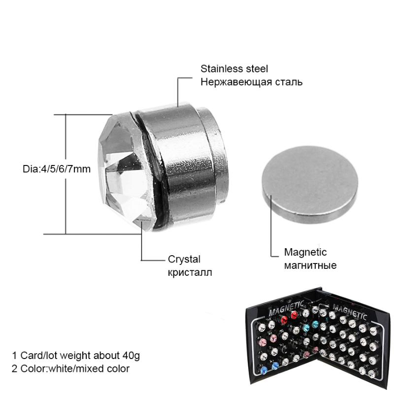 Fashioh Stainless Steel No Piercing Magnetic Stud Earrings For Women Men MixcolorWhite Crystal Earring Ear Jewelry