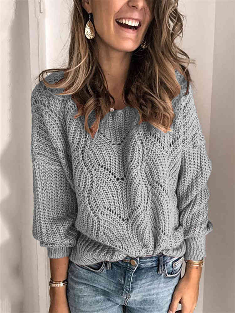 Spring Fall Hollow Out Sweater Women Fashion Solid Loose Jumper Casual O Neck Lantern Long Sleeve Plus Size Knitted Top 210522