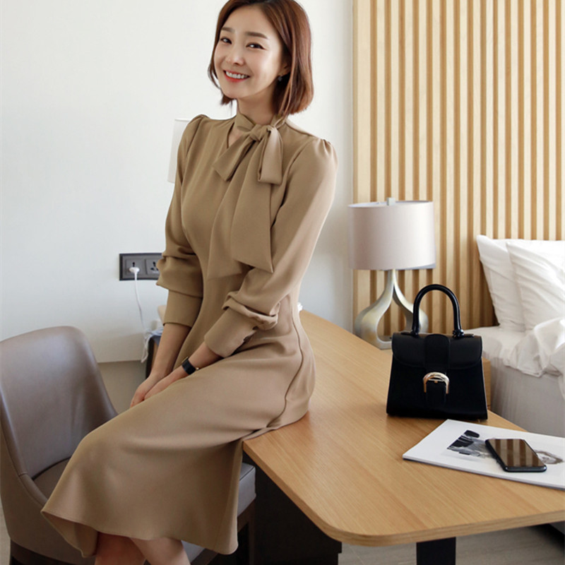 Spring Autumn Elegant Bow Collar Dress Women OL Office Solid Long Sleeve Knee-length es Vestidos 210421