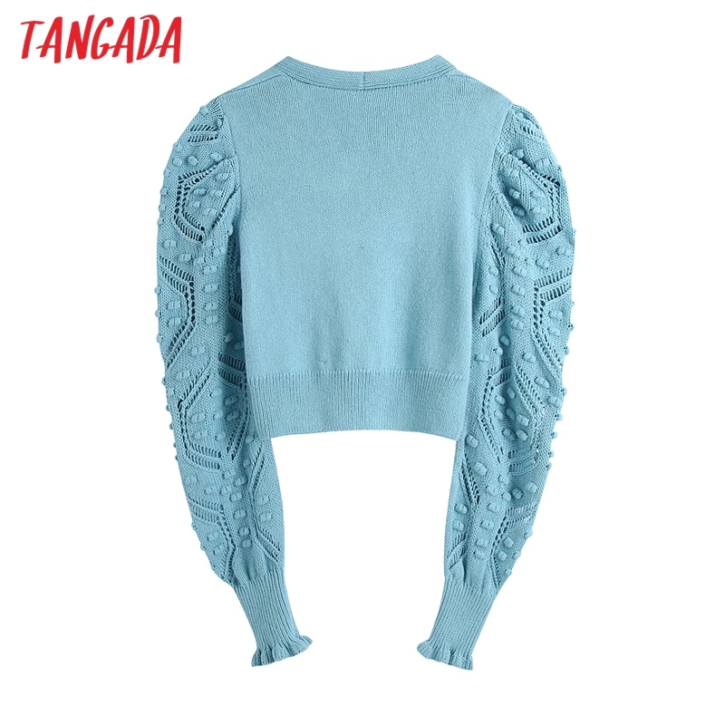 Women Cardigans V Neck Puff Sleeve Hollow Out Crochet Short Knitted Sweater Female Chic Diamond Button Tops BE229 210416