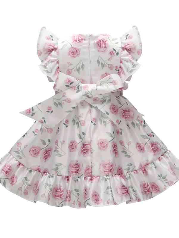 Baby Floral Print Butterfly Sleeve Ruffle Hem Satin Gown Dress SHE