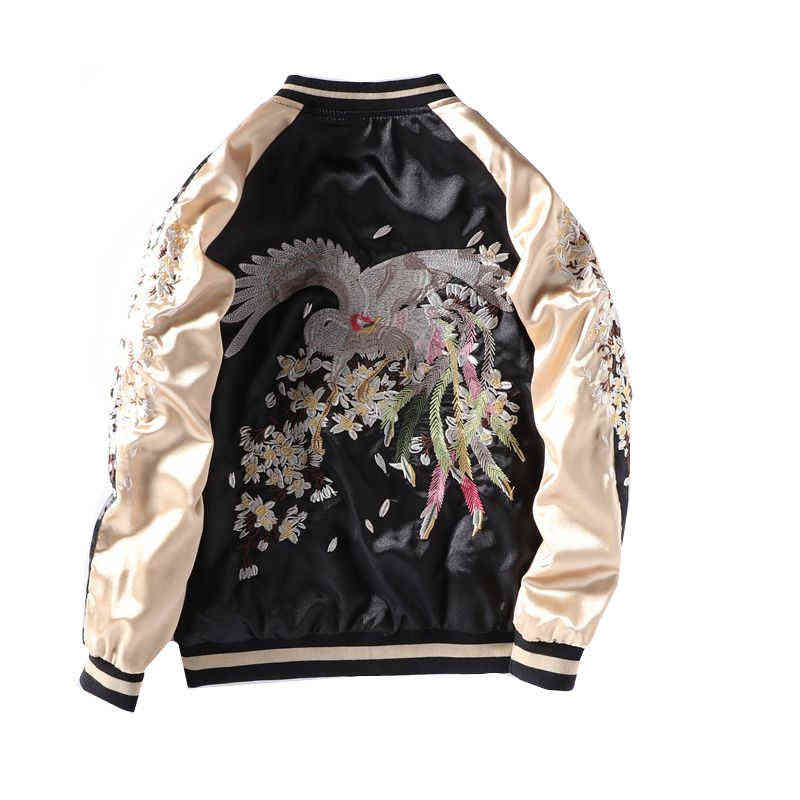 Sukajan Baseball Bomber Jacket Men Women Satin Dragon Phoenix Embroidery Yokosuka Coat Spring Japan Double Sided Streetwear 220124