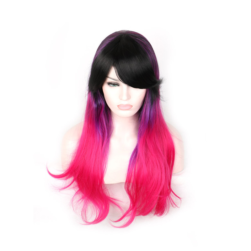 good quality synthetic fiber hair wigs ombre black purple pink mixed color cosplay wig 75cm long wavy wig with bangs women