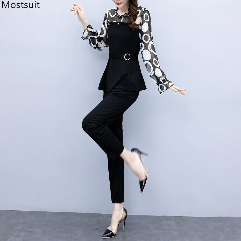 Spring Women Two Piece Set Elegant Plus Size Lace Patchwork Long Sleeve O-neck Tops And Elastic Waist Pants Outfits Korean 210518, Black
Spring Women Two Piece Set Elegant Plus Size Lace Patchwork Long Sleeve O-neck Tops And Elastic Waist Pants Outfits Korean 210518, Black