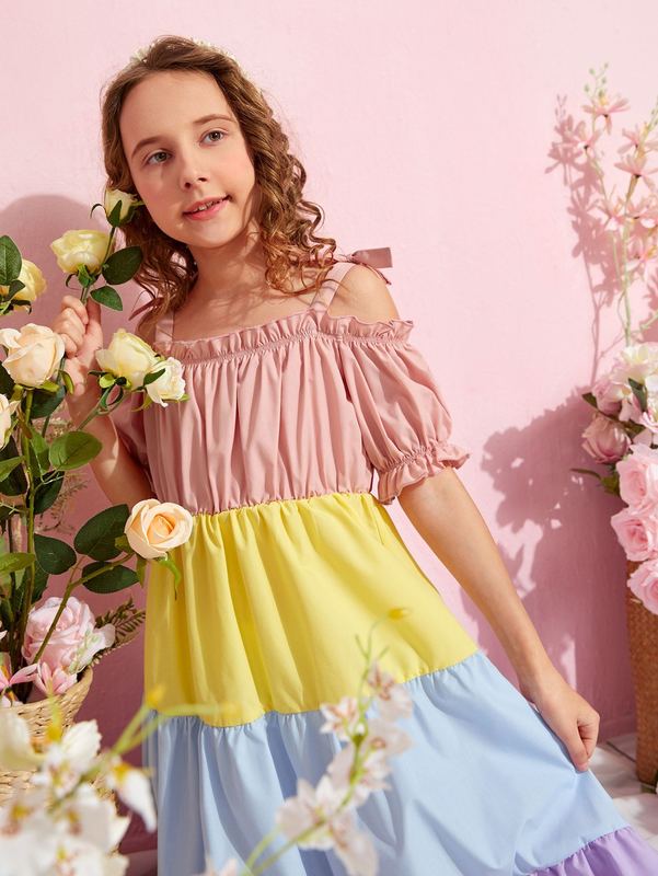 Girls Color Block Frill Trim Ruched Knot Shoulder Puff Sleeve Dress SHE