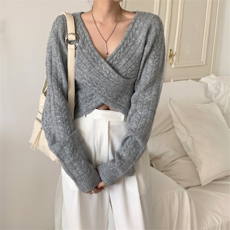 Autumn Winter Sweater Office Lady Work Pullover Solid Sexy V-Neck Long Sleeve Knitted Sweaters Women's Crop Tops 210421