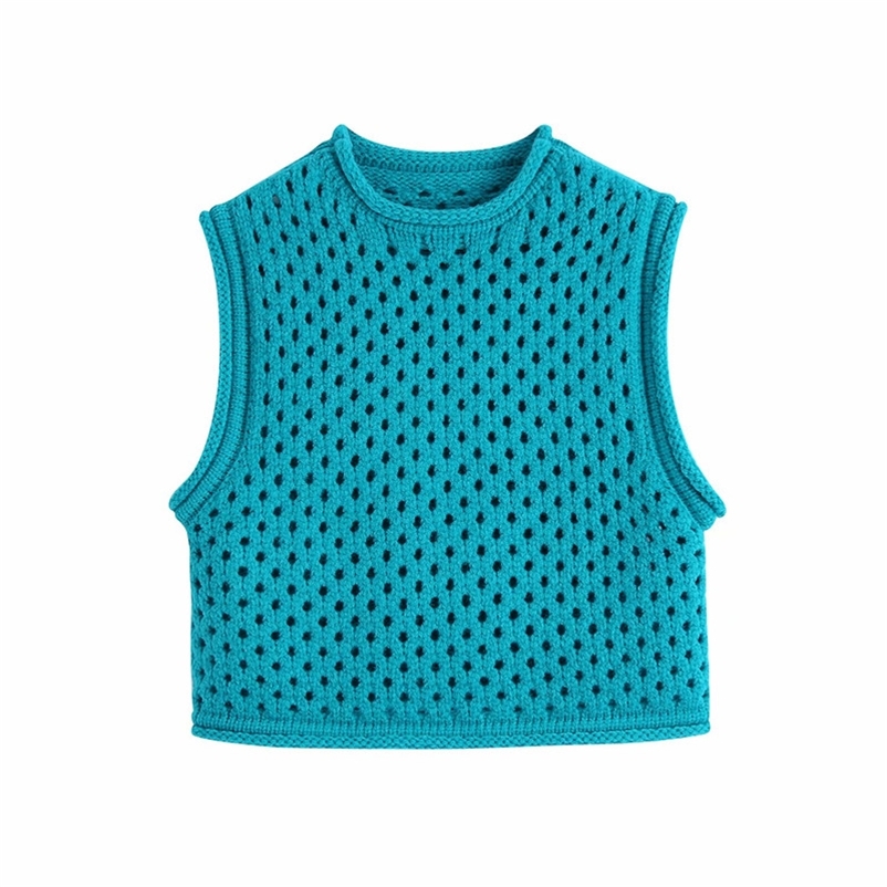 Casual Women O Neck Hollow Out Vest Spring-autumn Fashion Ladies Vintage Loose Female Short Knitted Sweater Top 210515