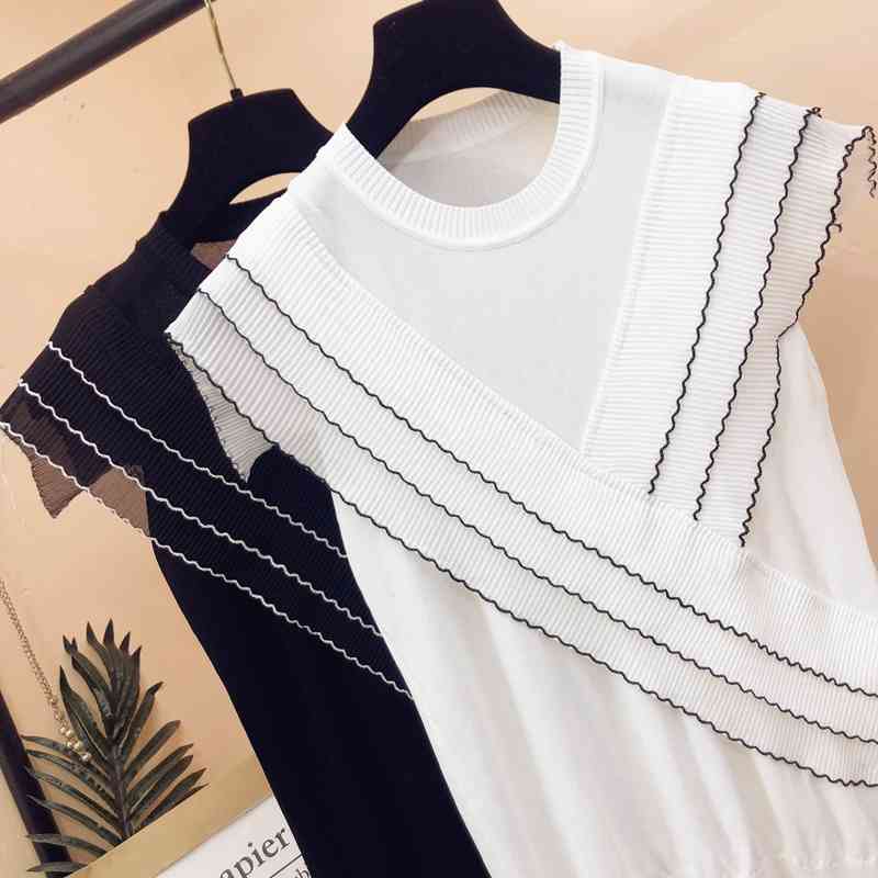 Three-layer ruffles chiffon patchwork ice silk knitted sweater women Korean o-neck thin pullover black white tops summer 210810wtt