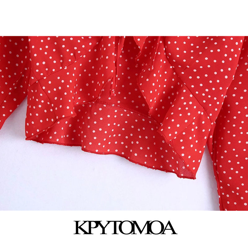 Women Fashion With Bow Tie Polka Dot Cropped Blouses Long Sleeve Ruffled Female Shirts Blusas Chic Tops 210420